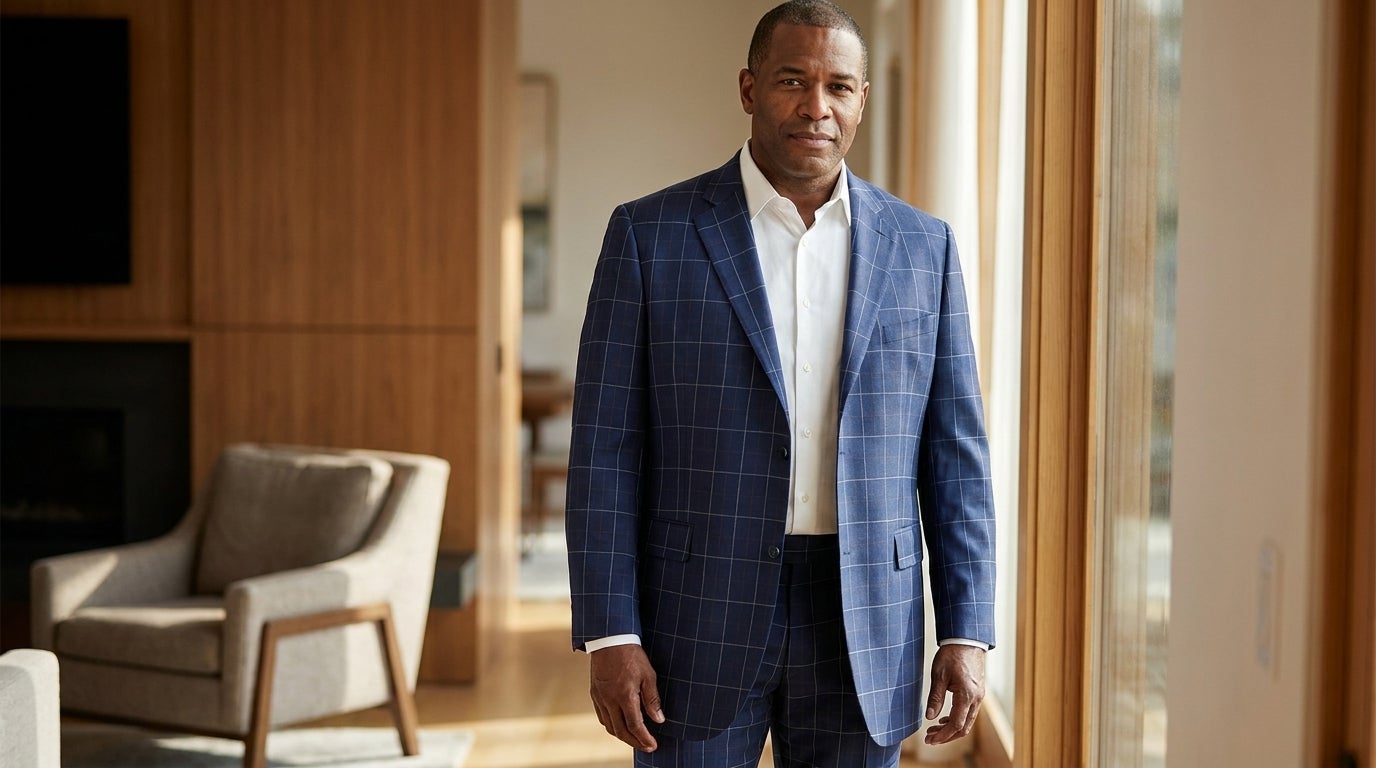 Big & Tall man wearing a well-fitted navy sport coat with sleeves ending at the wrist