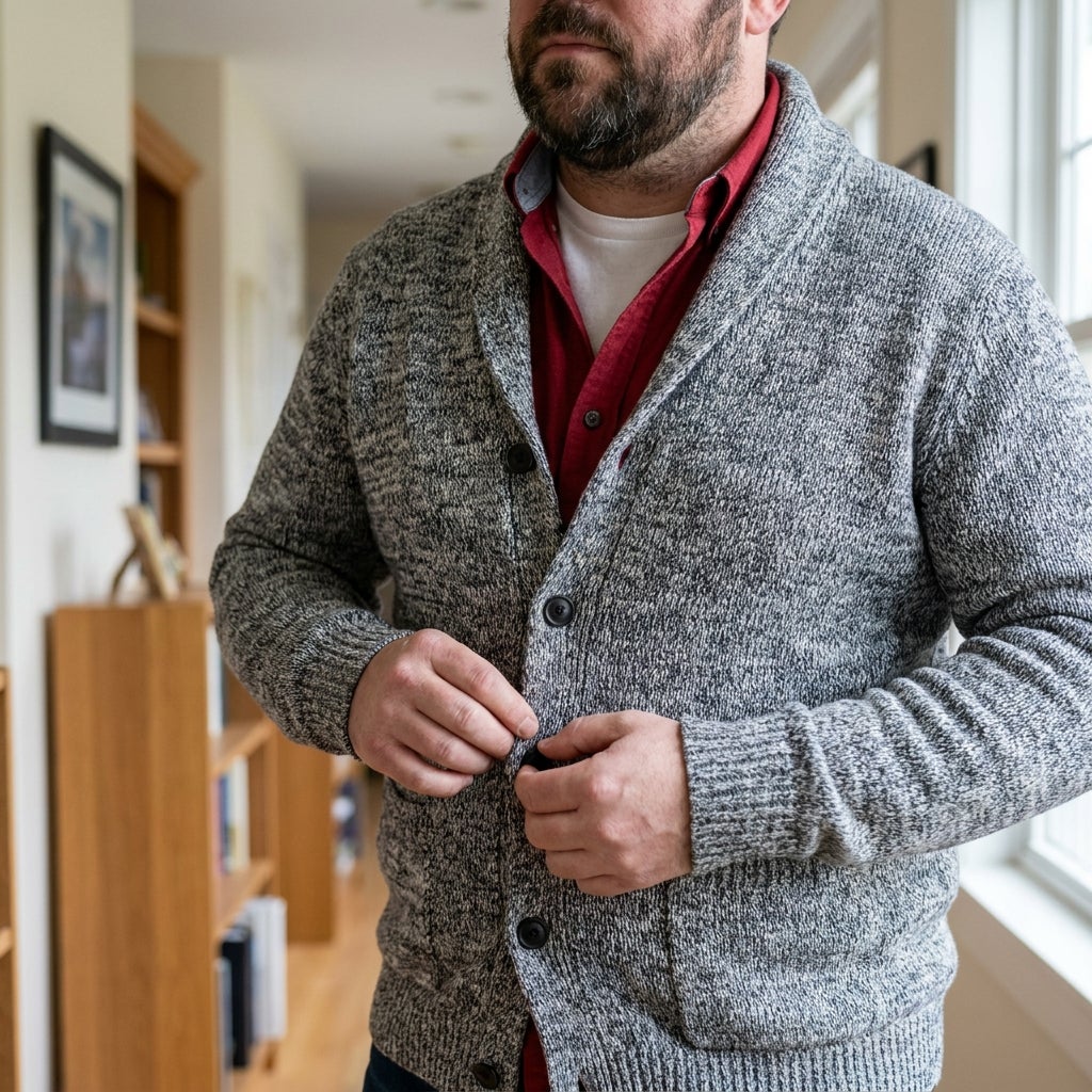 Big and Tall man layering an open cardigan sweater over a henley shirt indoors