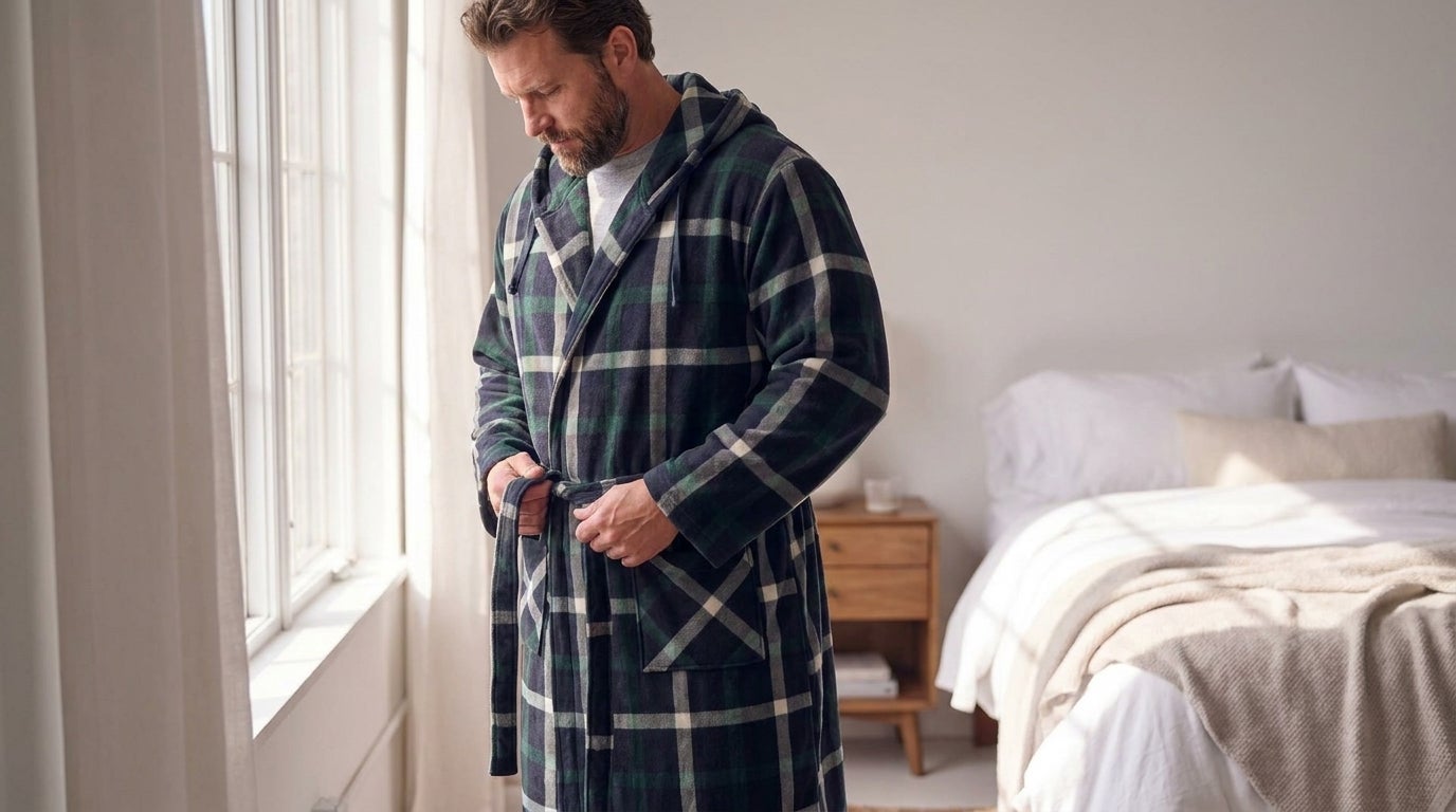 Big and Tall man tying the belt of a long robe in a bedroom