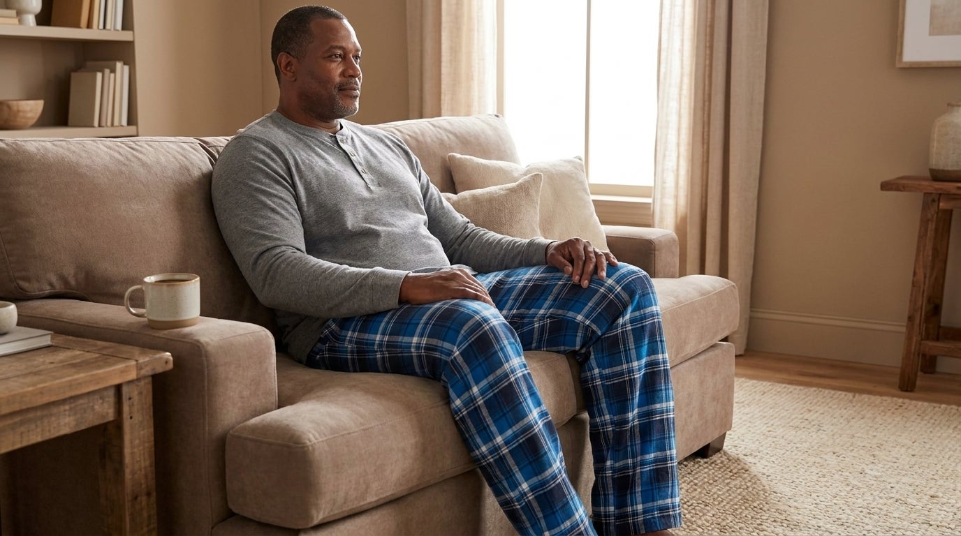 Big and tall man in flannel plaid pajama pants relaxing on a couch at home