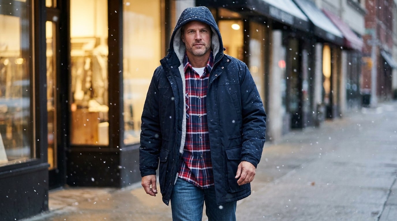 Big and Tall man in a fleece-lined parka with the hood attached, walking through snow