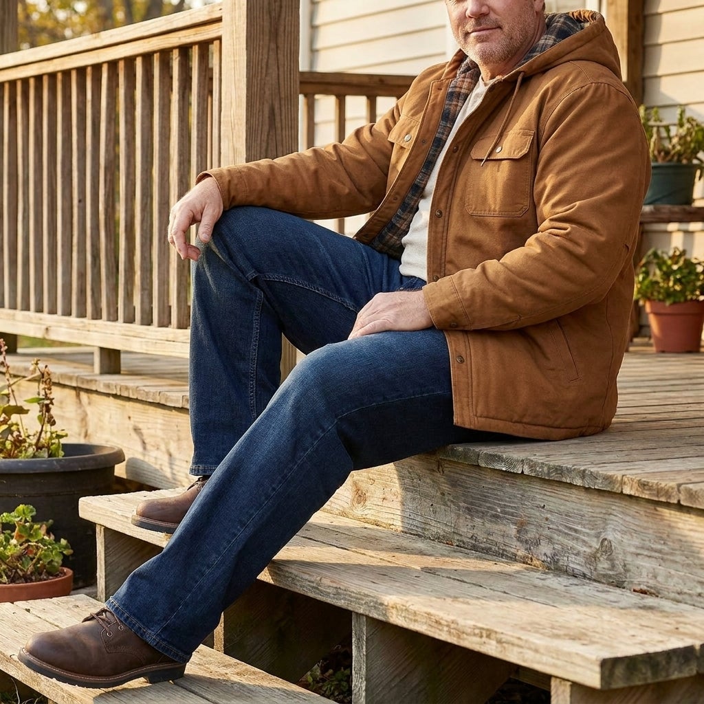 Big and Tall man seated with knee bent, stretch denim jeans flexing at the thigh without pulling