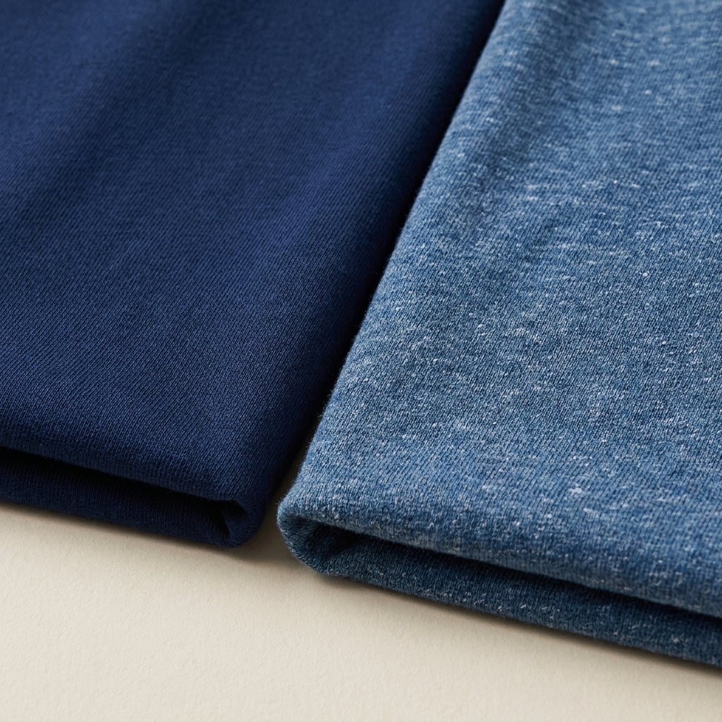 Close-up of solid cotton and heather cotton-blend t-shirt fabric side by side