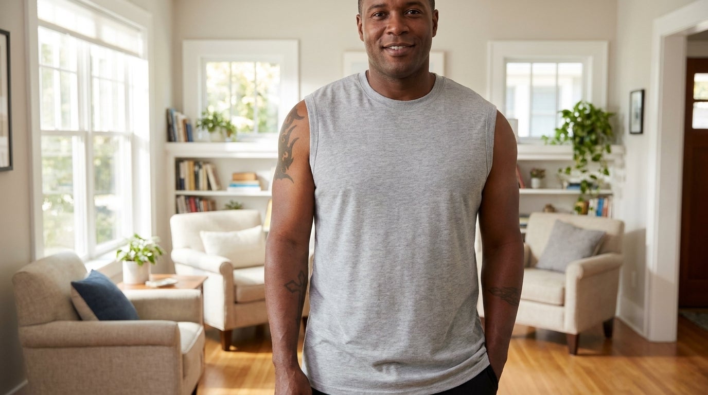 Big and tall man wearing a fitted muscle tee with proportioned armhole and room through the chest