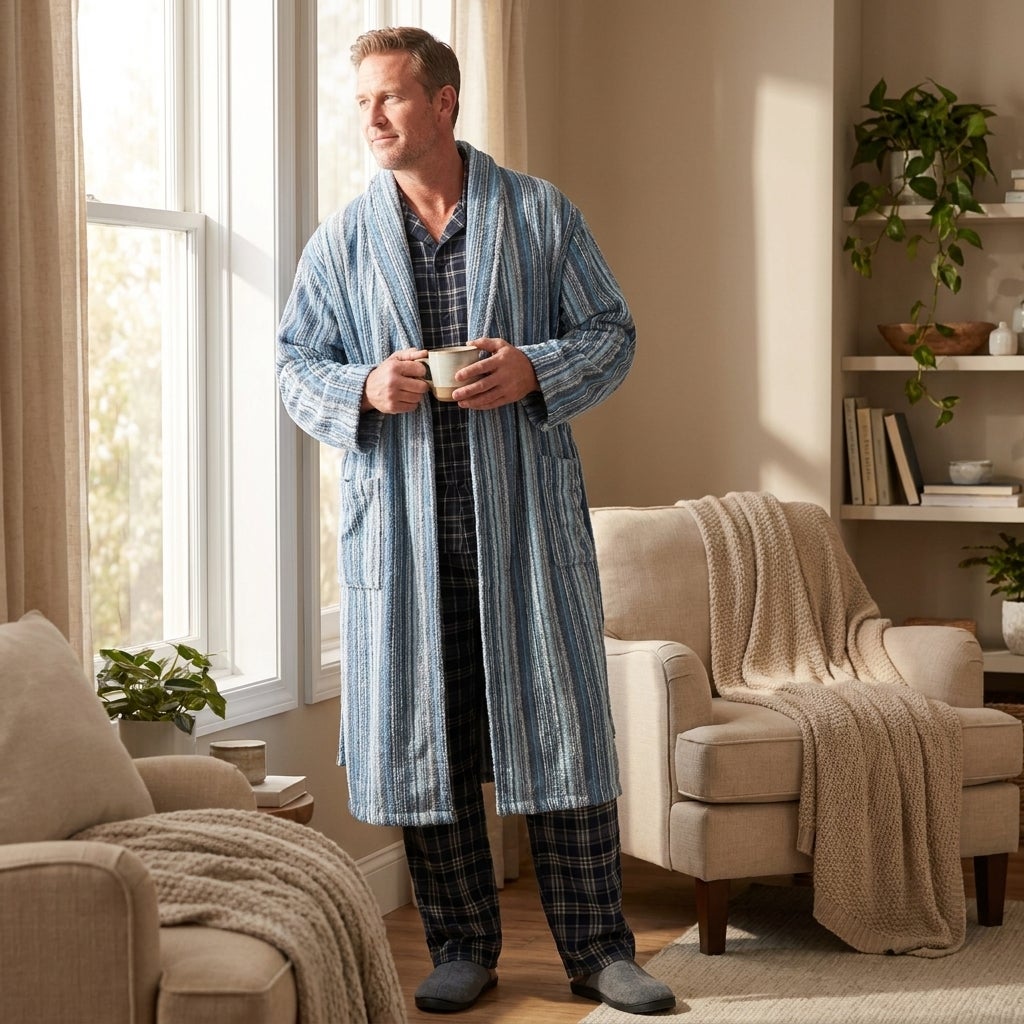 Big and tall man wearing a robe over pajamas in a cozy living room