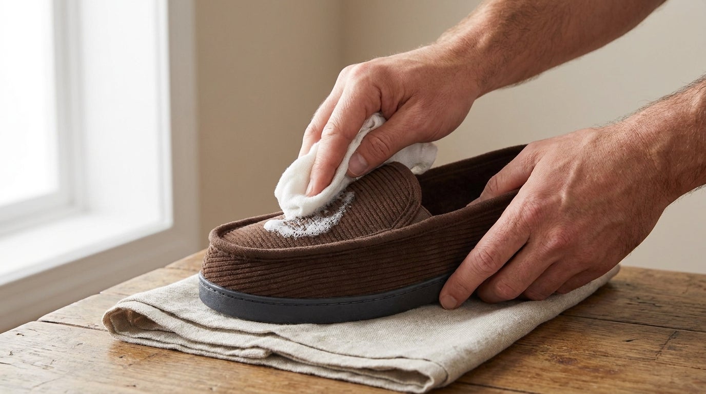 Hands spot-cleaning a corduroy slipper with a soft cloth and mild soap