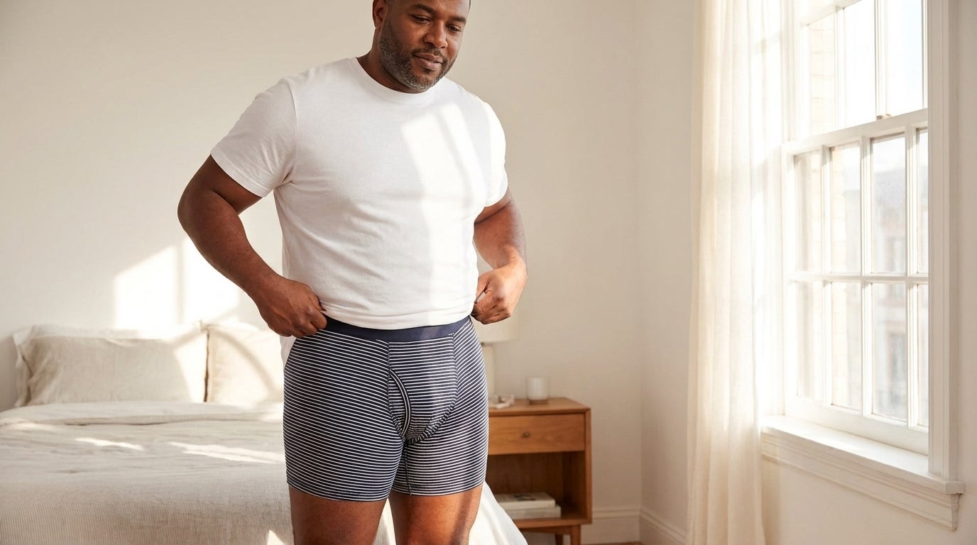 Man adjusting the waistband of Big & Tall boxer briefs while getting dressed