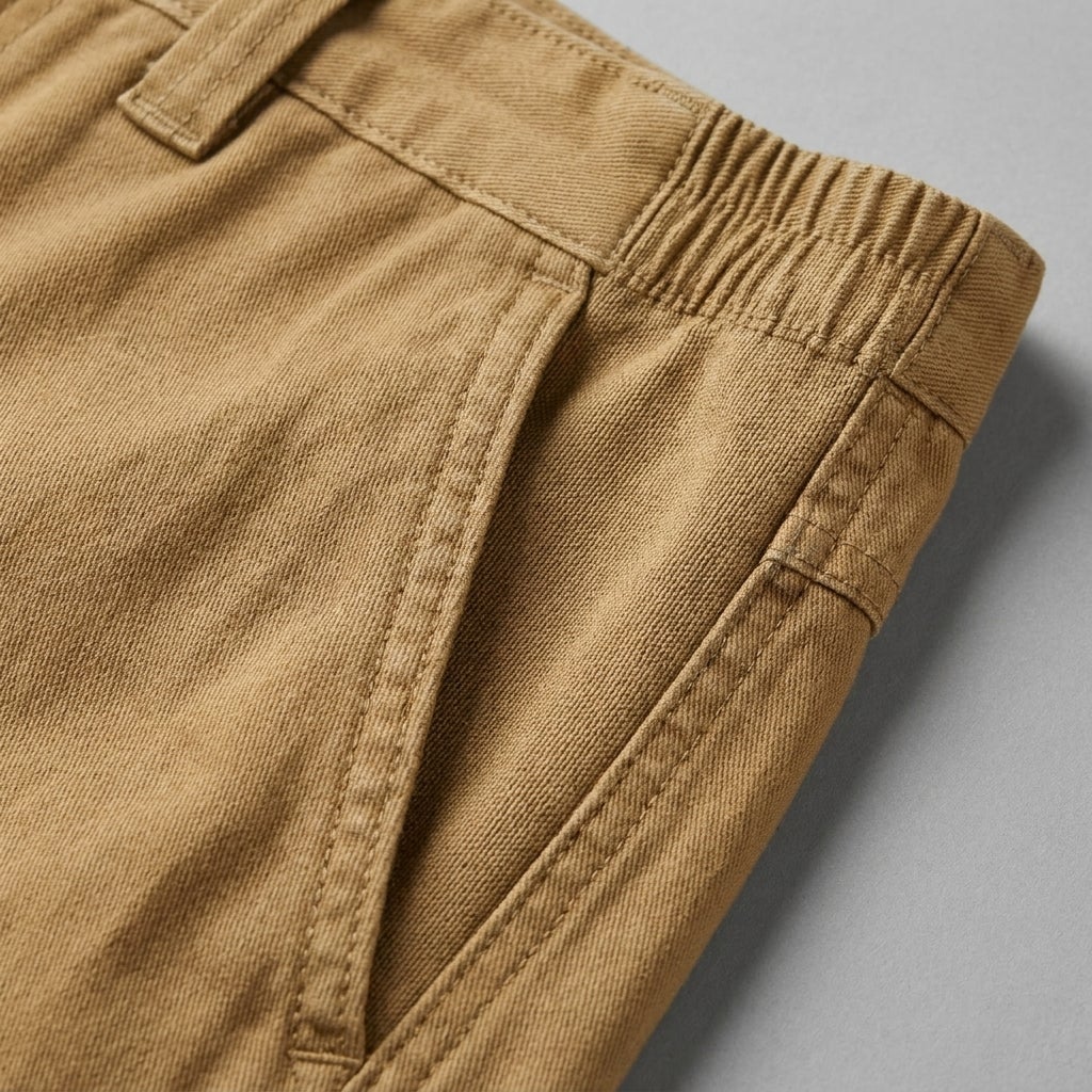 Close-up of a side-elastic waistband panel and reinforced pocket stitching on cargo pants
