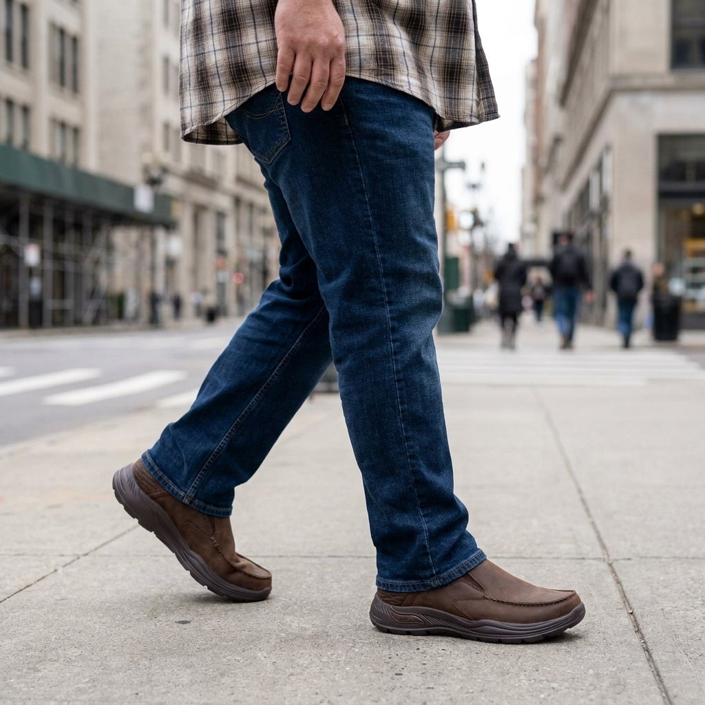 Big and tall man walking outdoors in wide-width casual shoes