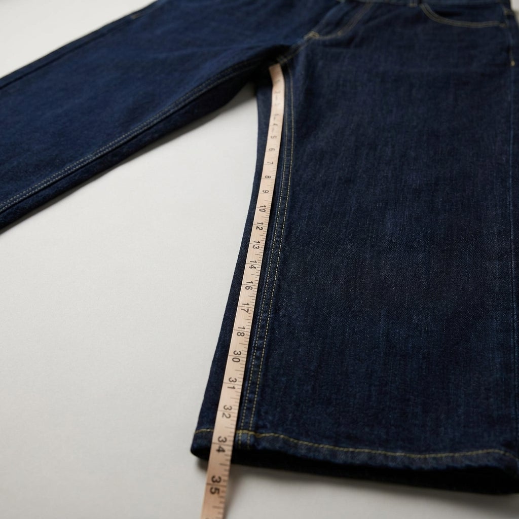 Measuring tape laid along the outer leg seam of denim jeans from waistband to hem