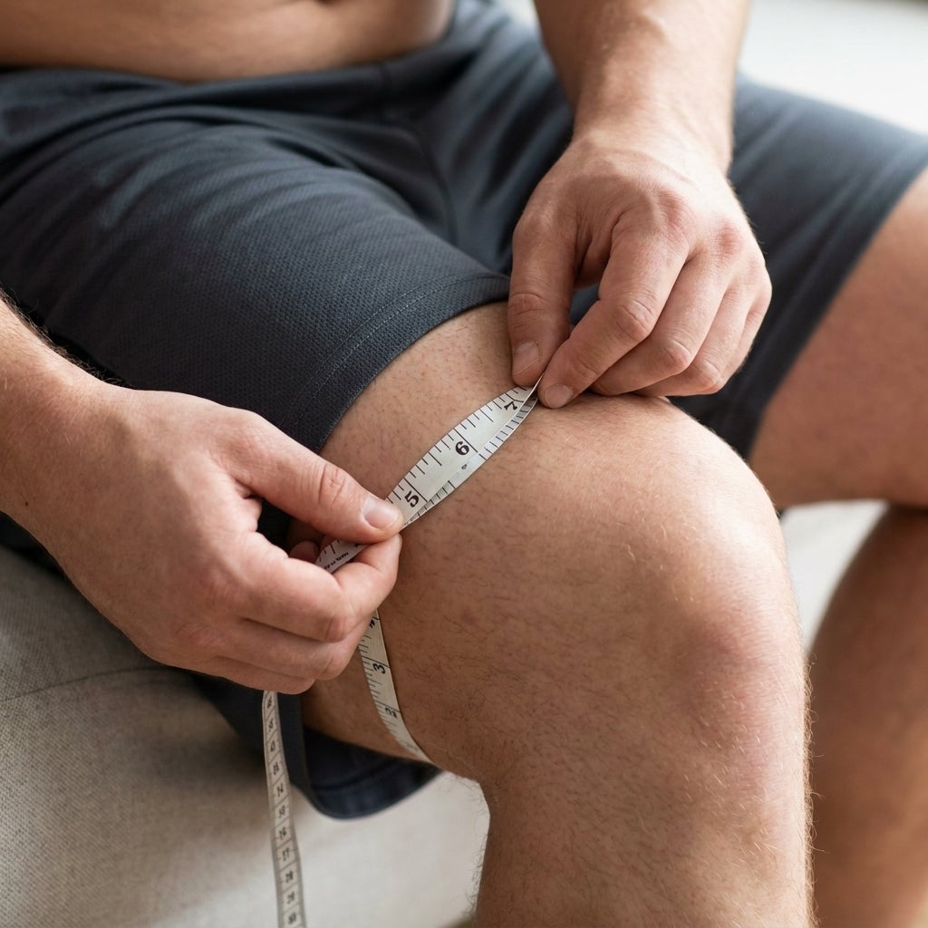 Close-up of hands measuring knee circumference with a tape measure