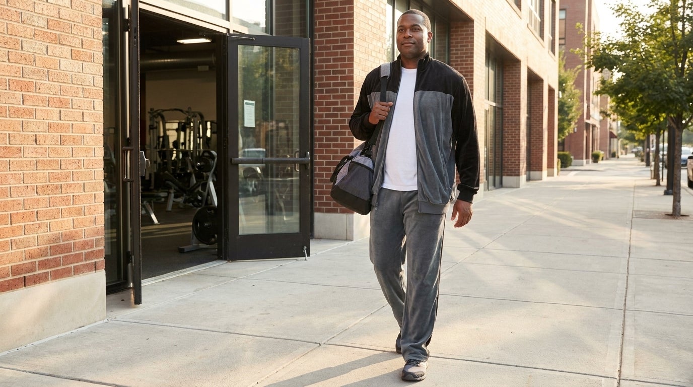 Big and tall man wearing a colorblock track suit jacket and pants outdoors