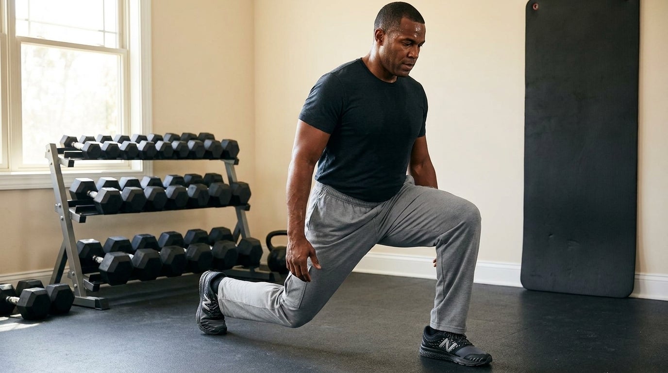 Big and Tall man in gray tapered cargo pants doing a lunge in a home gym