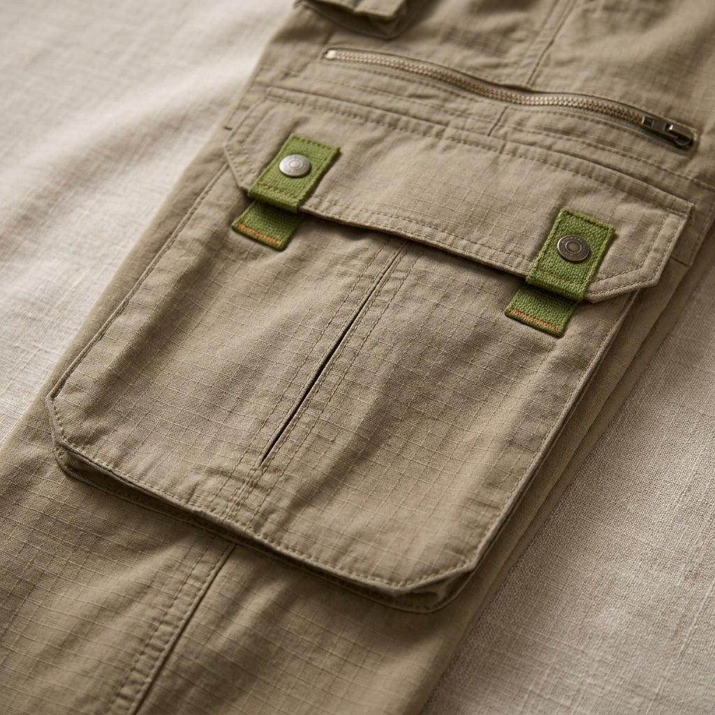 Close-up of reinforced ripstop cargo pocket fabric and stitching