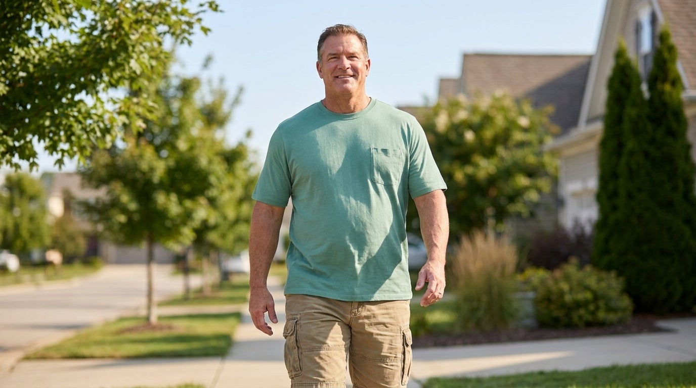 Big and tall man in a lightweight gray tee and shorts walking outdoors in summer sun