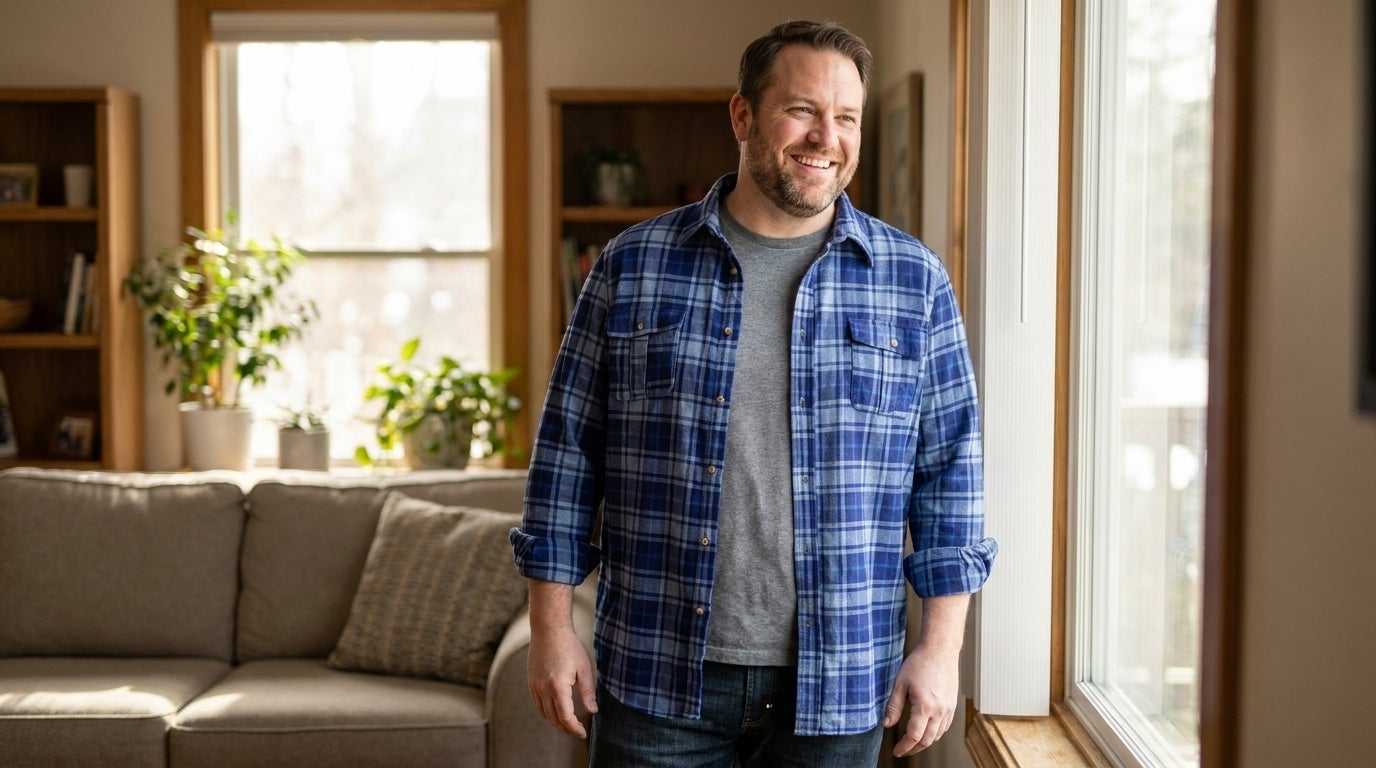 Big and tall man wearing an open plaid flannel shirt over a gray crewneck tee