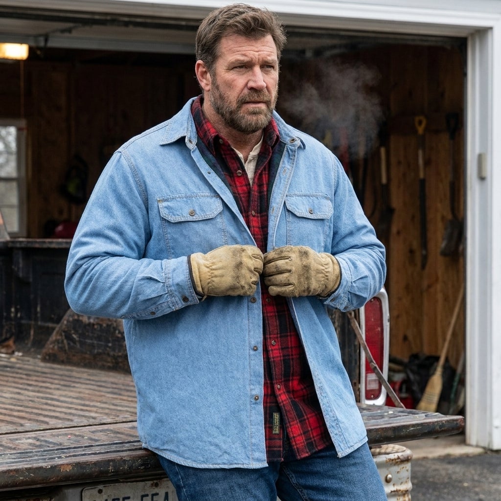 Man buttoning a flannel-lined shirt jacket over a flannel shirt on a cold morning