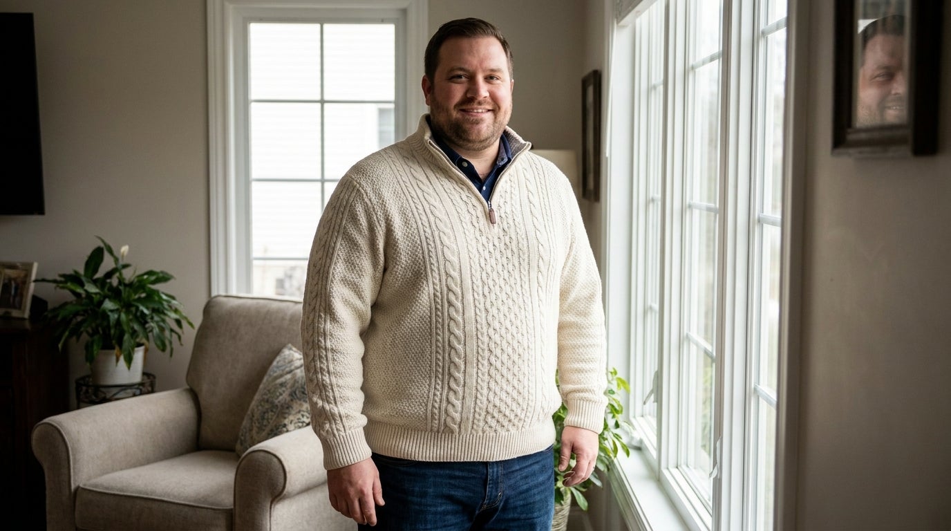 Big and Tall man wearing a heavyweight cable-knit pullover sweater that fits cleanly through the chest and shoulders