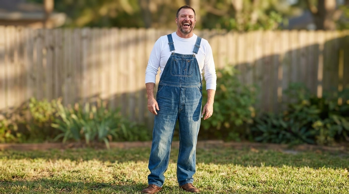 Big and tall man wearing denim overalls over a gray crewneck tee in a backyard