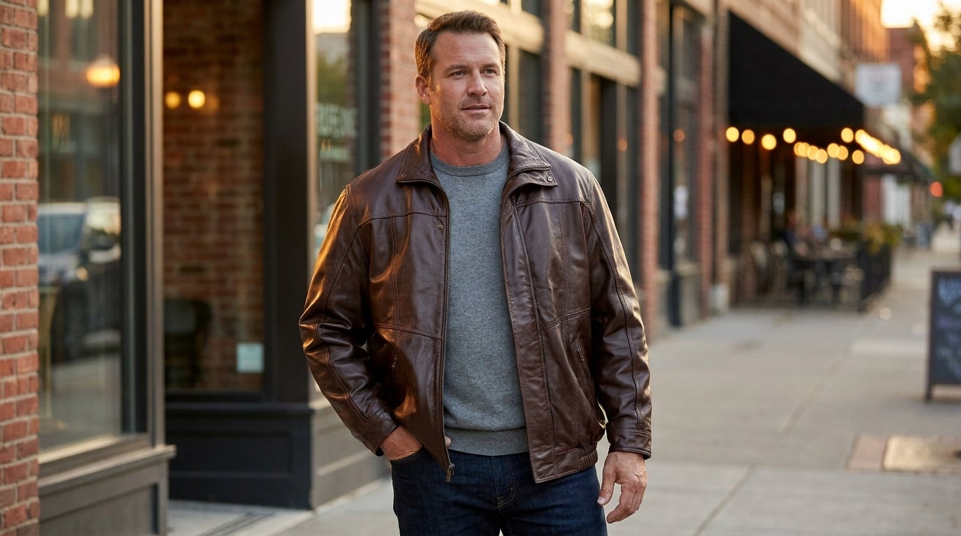 Big and Tall man wearing a leather bomber jacket with a ribbed waist and cuffs over a sweater