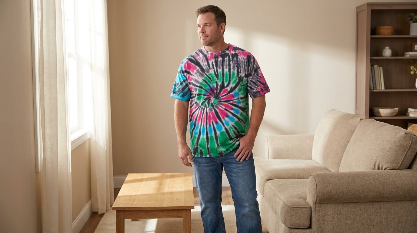 Big and tall man wearing a graphic slogan tee and jeans, standing relaxed in a casual living room
