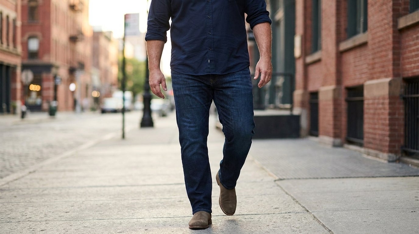 Big and Tall man walking in dark stretch denim jeans that flex with his stride