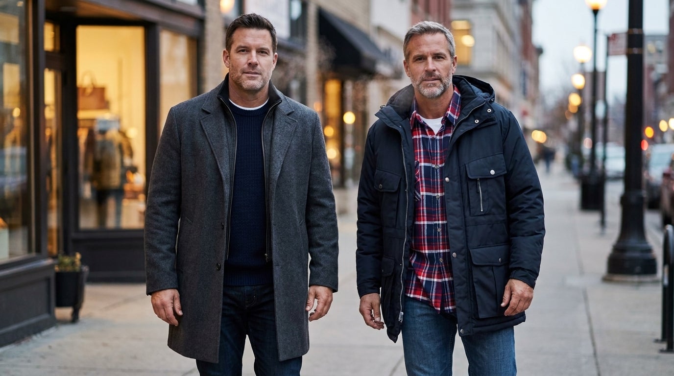 Big and Tall man in a wool topcoat beside another in an insulated parka on a city street