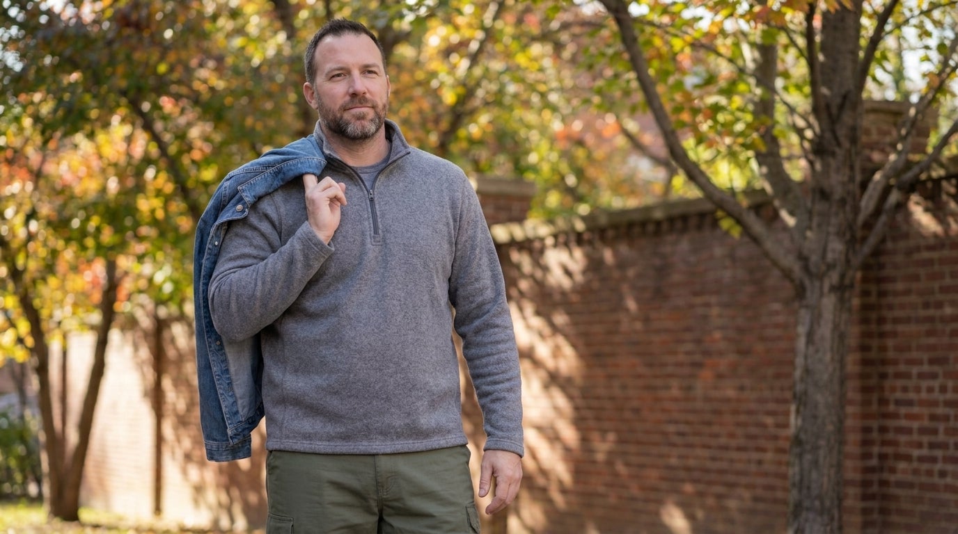 Big and Tall man wearing a midweight fleece pullover outdoors on a cool day