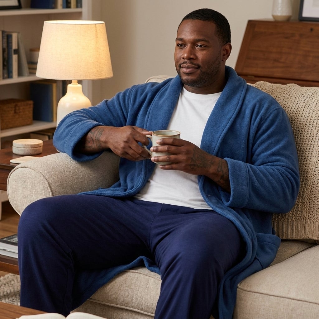 Big and Tall man in lightweight jersey pajama pants and a robe relaxing at home