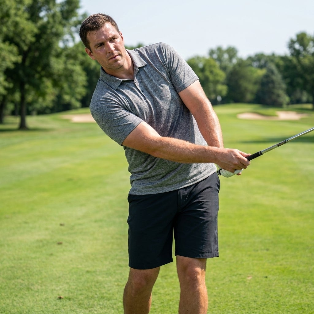 Big and tall man wearing a moisture-wicking polo shirt while golfing outdoors