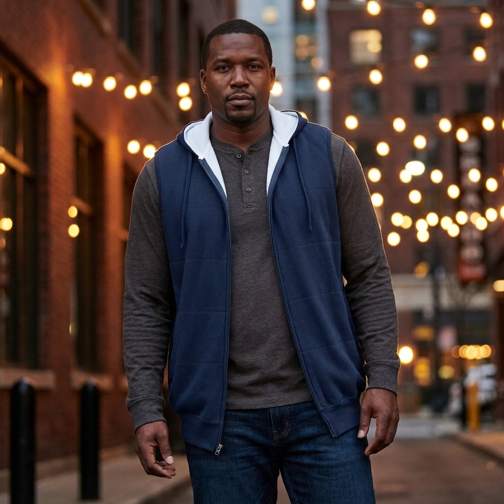 Big and tall man wearing a leather vest over a henley shirt