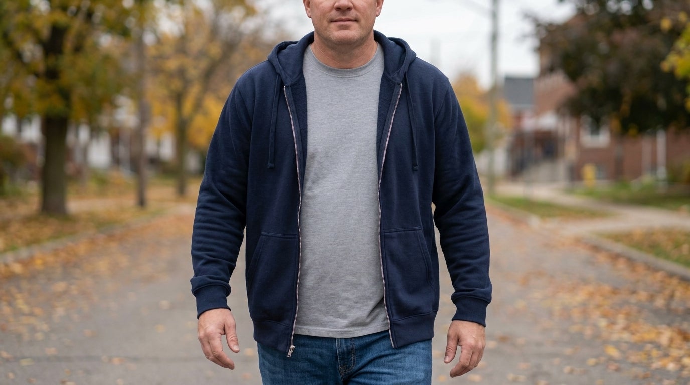 Big and Tall man wearing an open fleece zip-front hoodie over a t-shirt outdoors