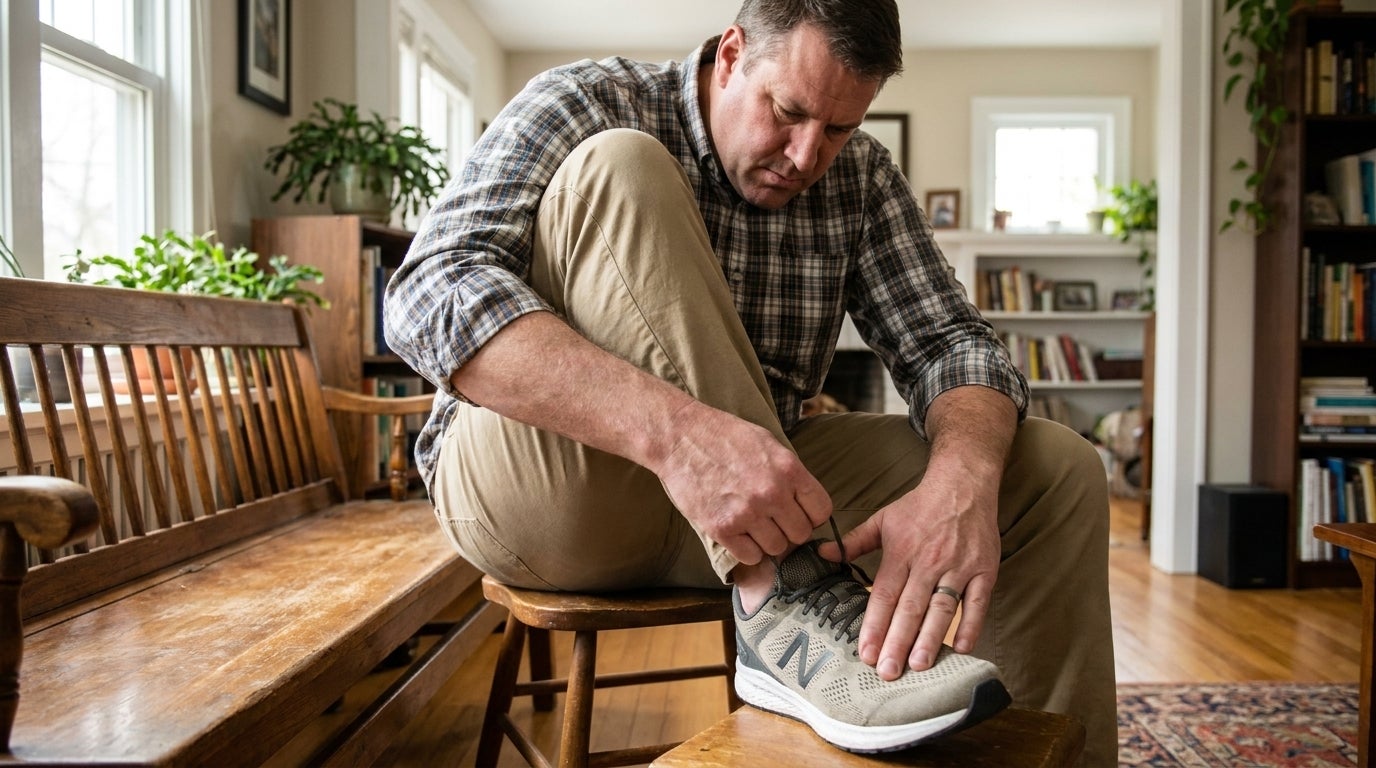 Man lacing up a pair of wide width sneakers, checking the fit across the forefoot