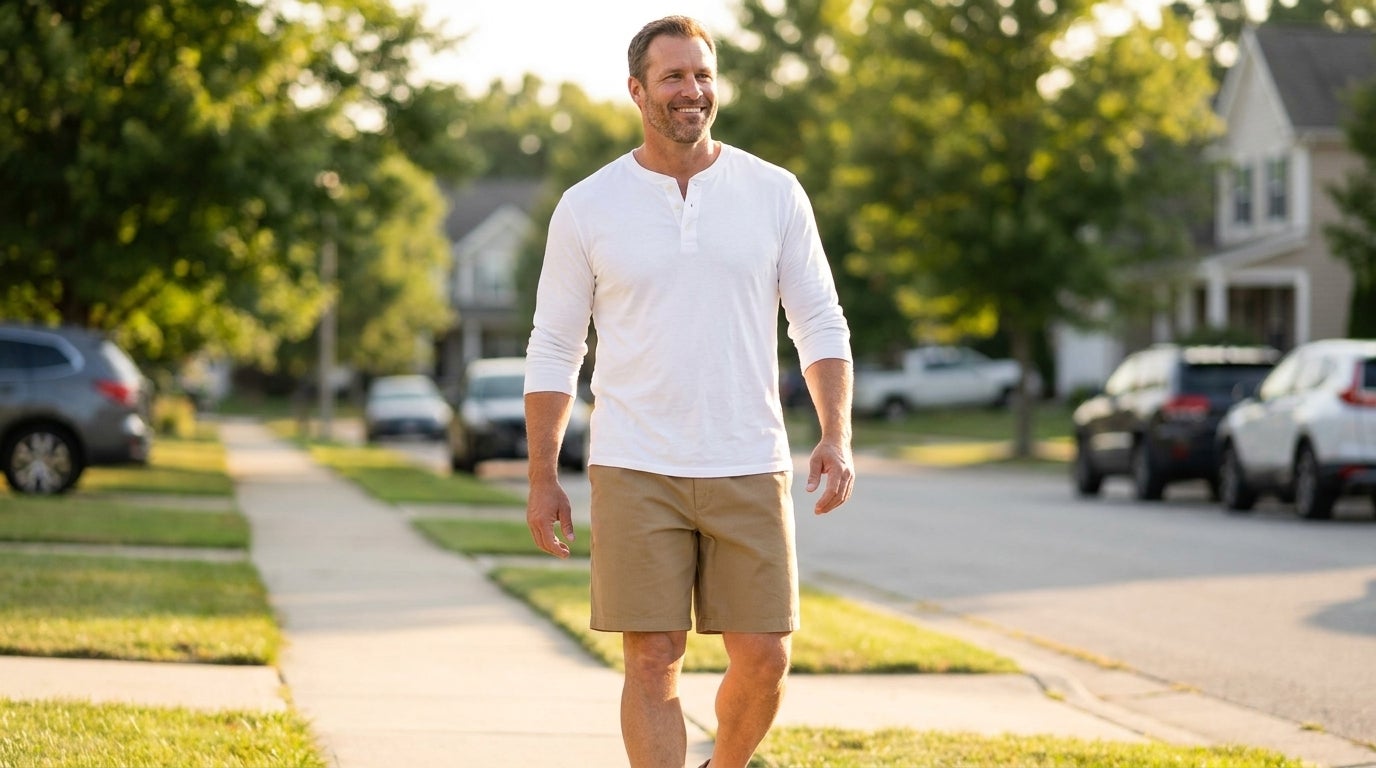 Big and tall man in navy casual shorts and a henley walking outdoors