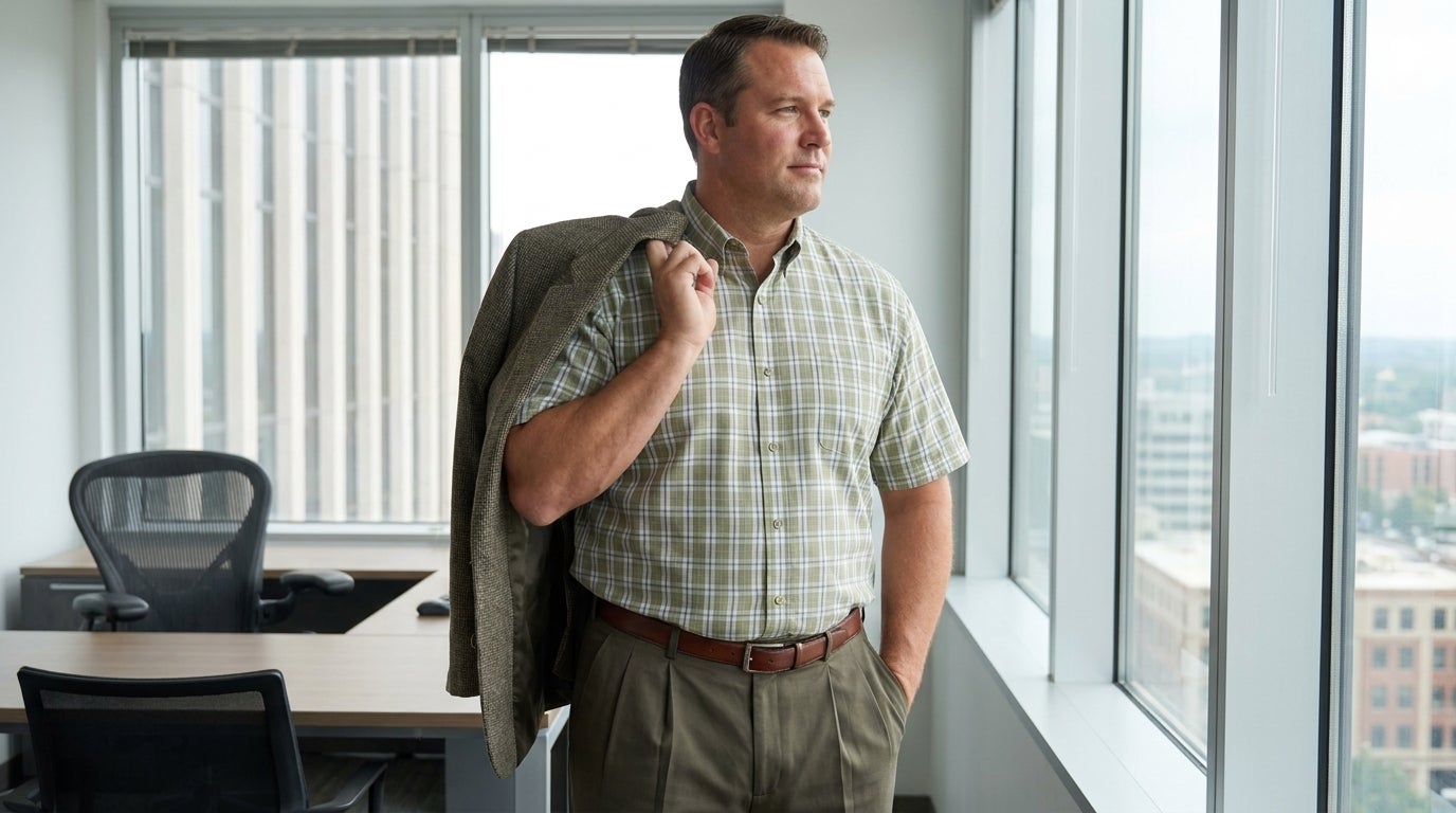 Big and Tall man in a fitted dress shirt, pants, and sport coat in a modern office