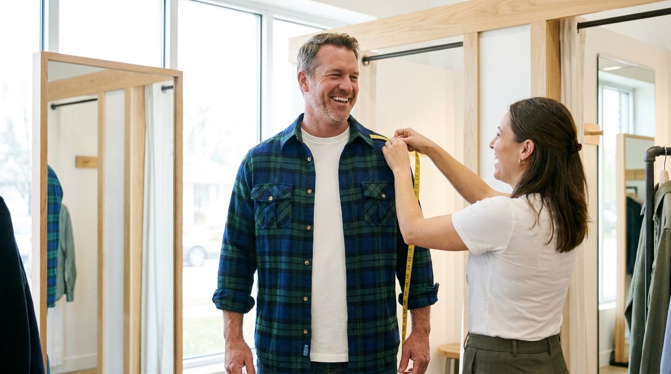 Fit specialist measuring a Big & Tall customer's shoulders in a fitting room