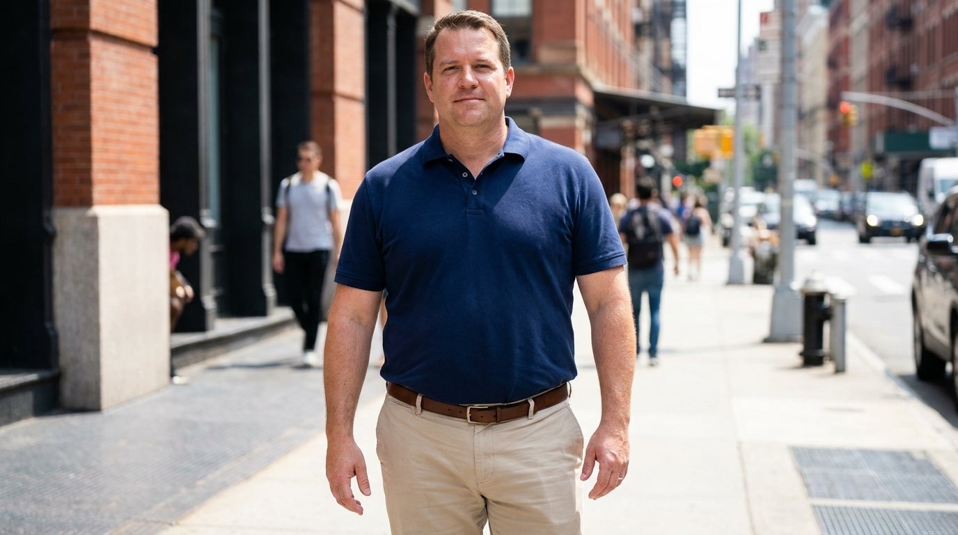 Big and tall man wearing a longer-length cotton polo shirt outdoors