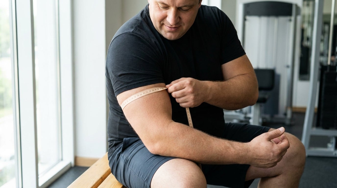 Man measuring his bicep circumference with a tape measure to size a compression sleeve