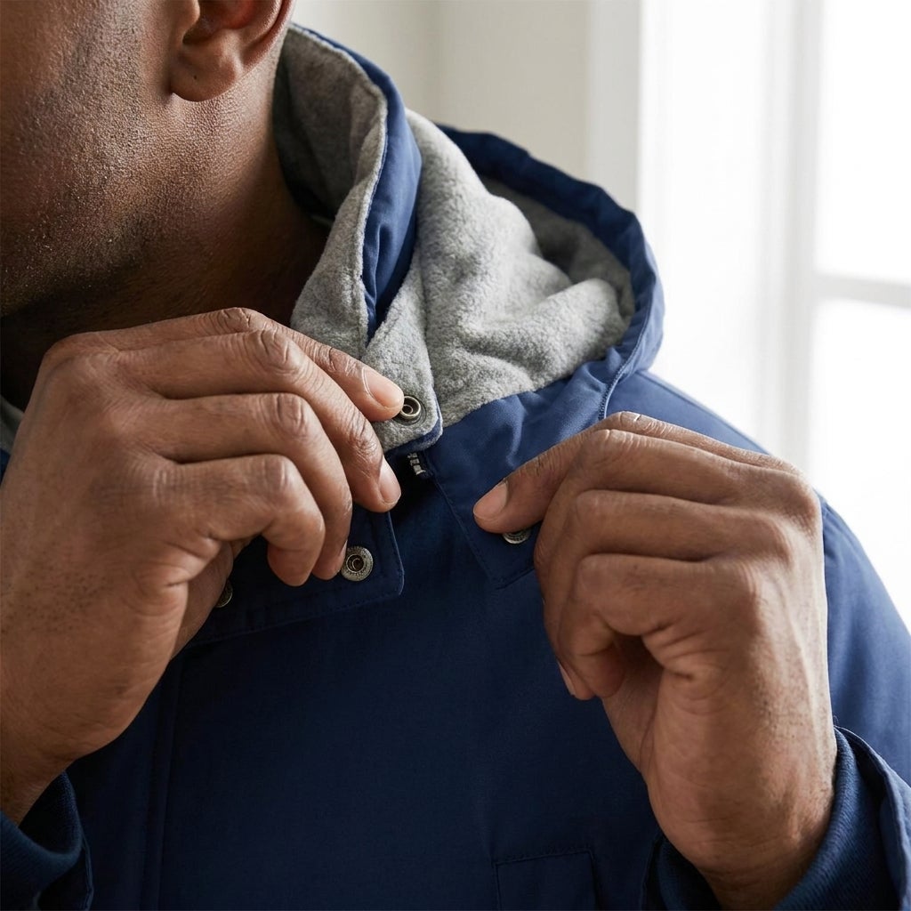 Close-up of a Big and Tall man attaching the detachable hood on a fleece-lined parka