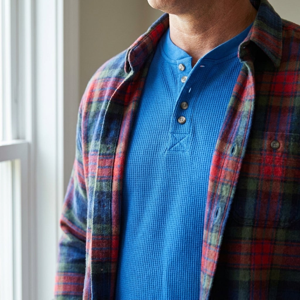 Close-up of a waffle-knit thermal henley tee worn as a base layer under an open flannel shirt