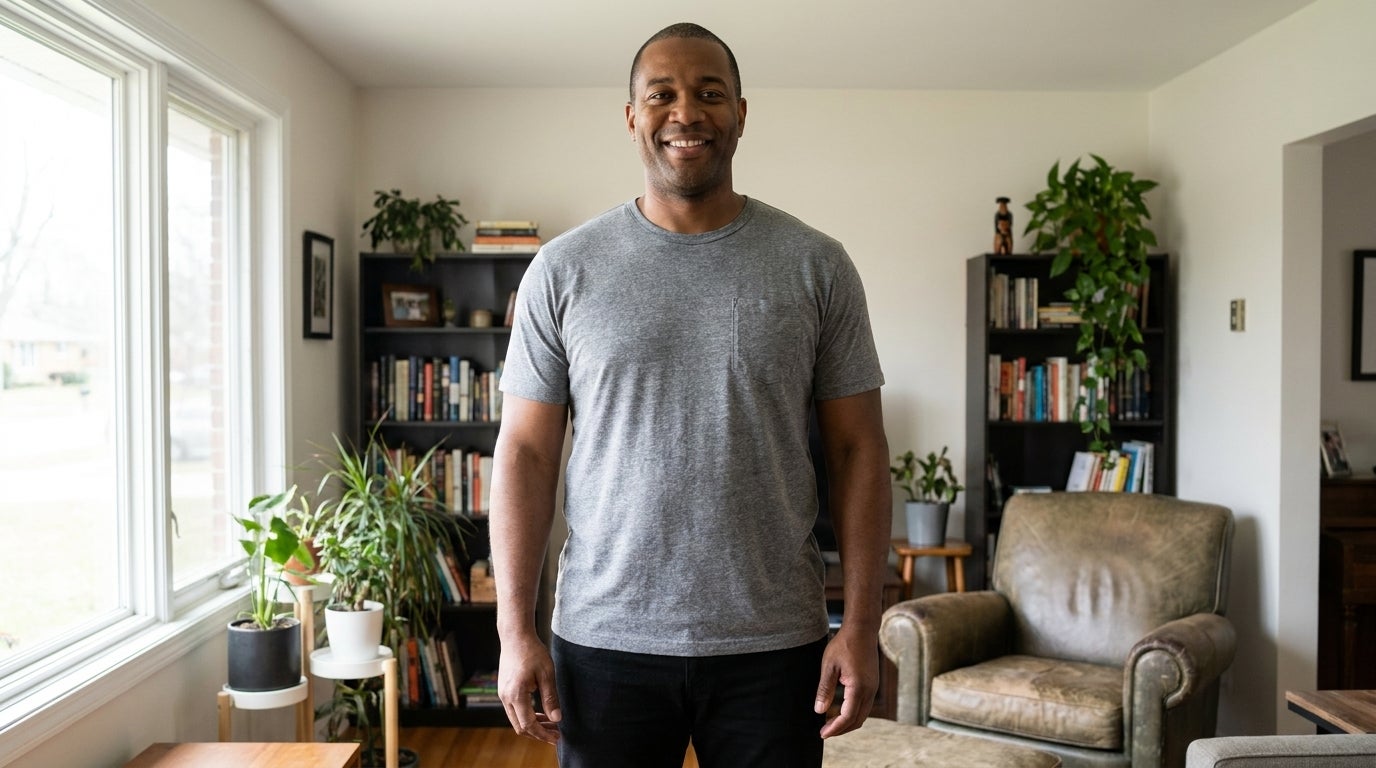 Big and tall man wearing a Shrink-Less crewneck pocket t-shirt with relaxed, even fit