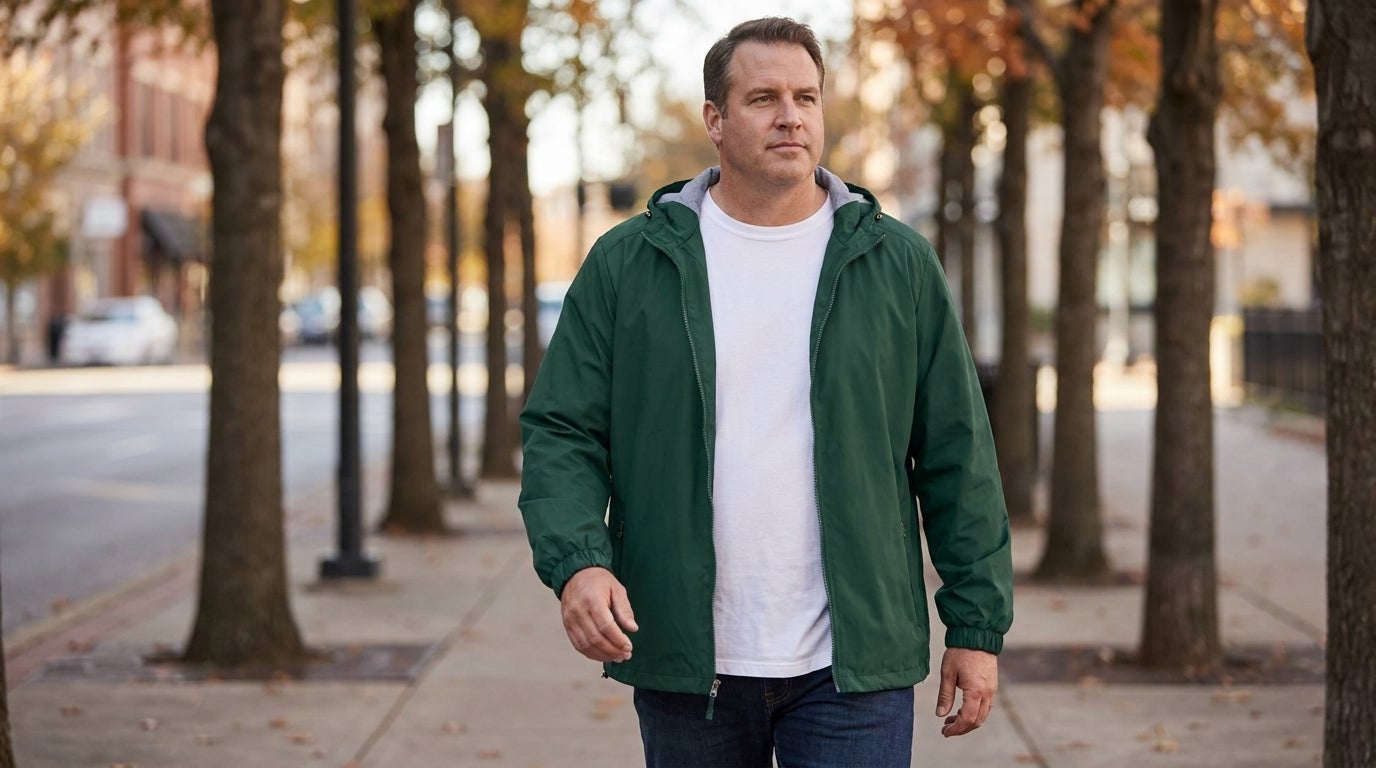 Big and tall man wearing a lightweight jacket outdoors on a cool, sunny day