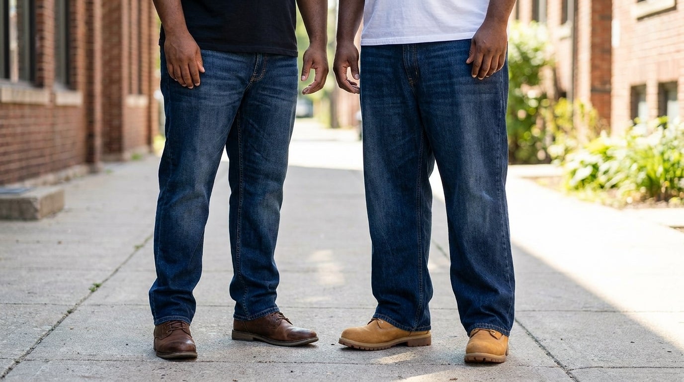 Two big and tall men standing side by side outdoors, one in relaxed fit jeans and one in loose fit jeans