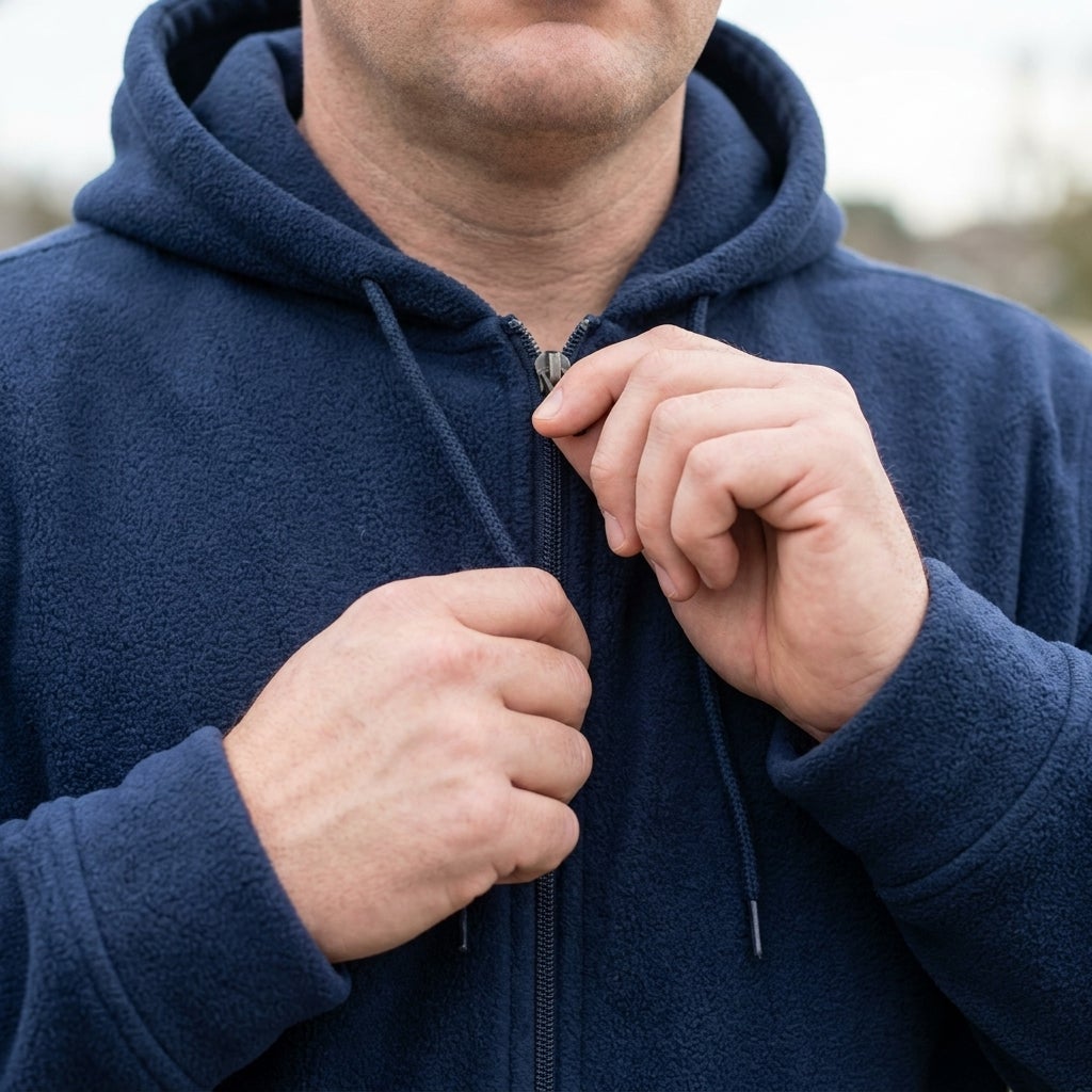 Close-up of a Big and Tall man zipping a fleece hoodie outdoors