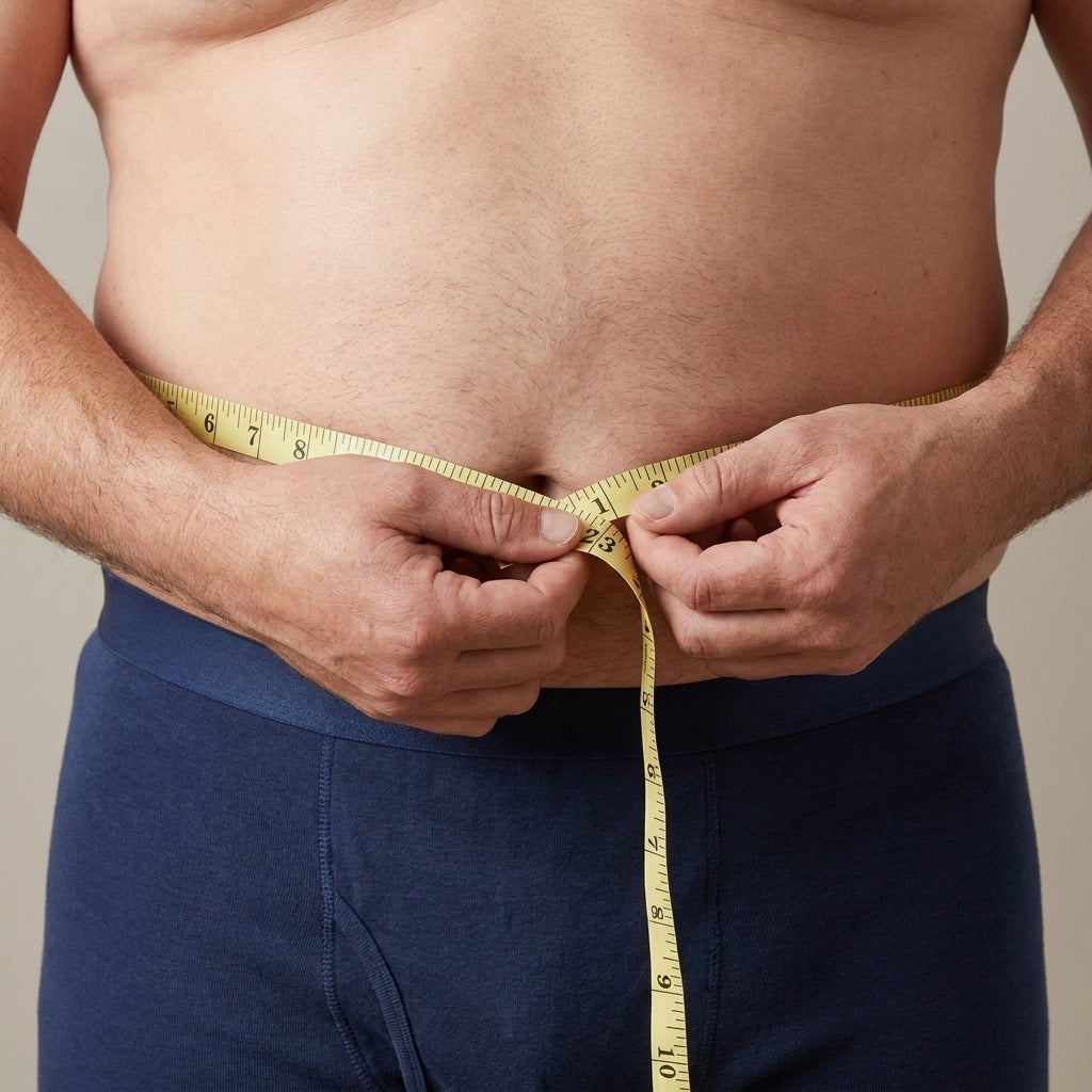 Close-up of a tape measure wrapped around a man's natural waistline