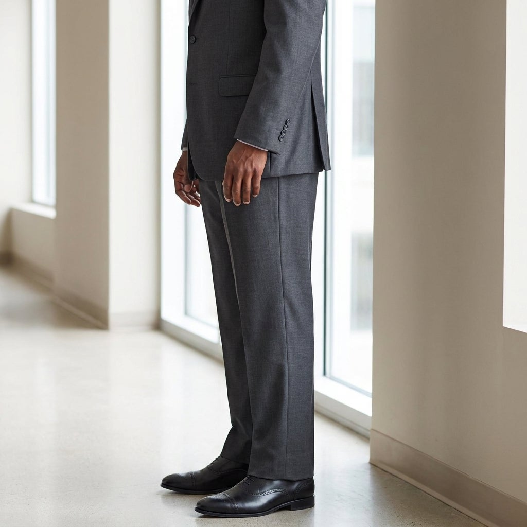 Big and tall man in a suit jacket and dress pants showing a clean break at the shoe