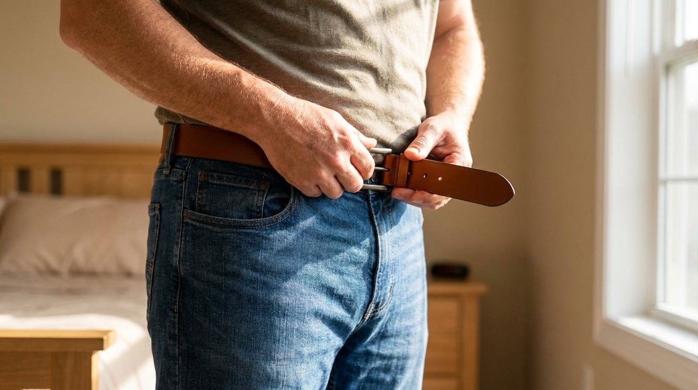 Big & Tall man threading a belt through his waistband while getting dressed