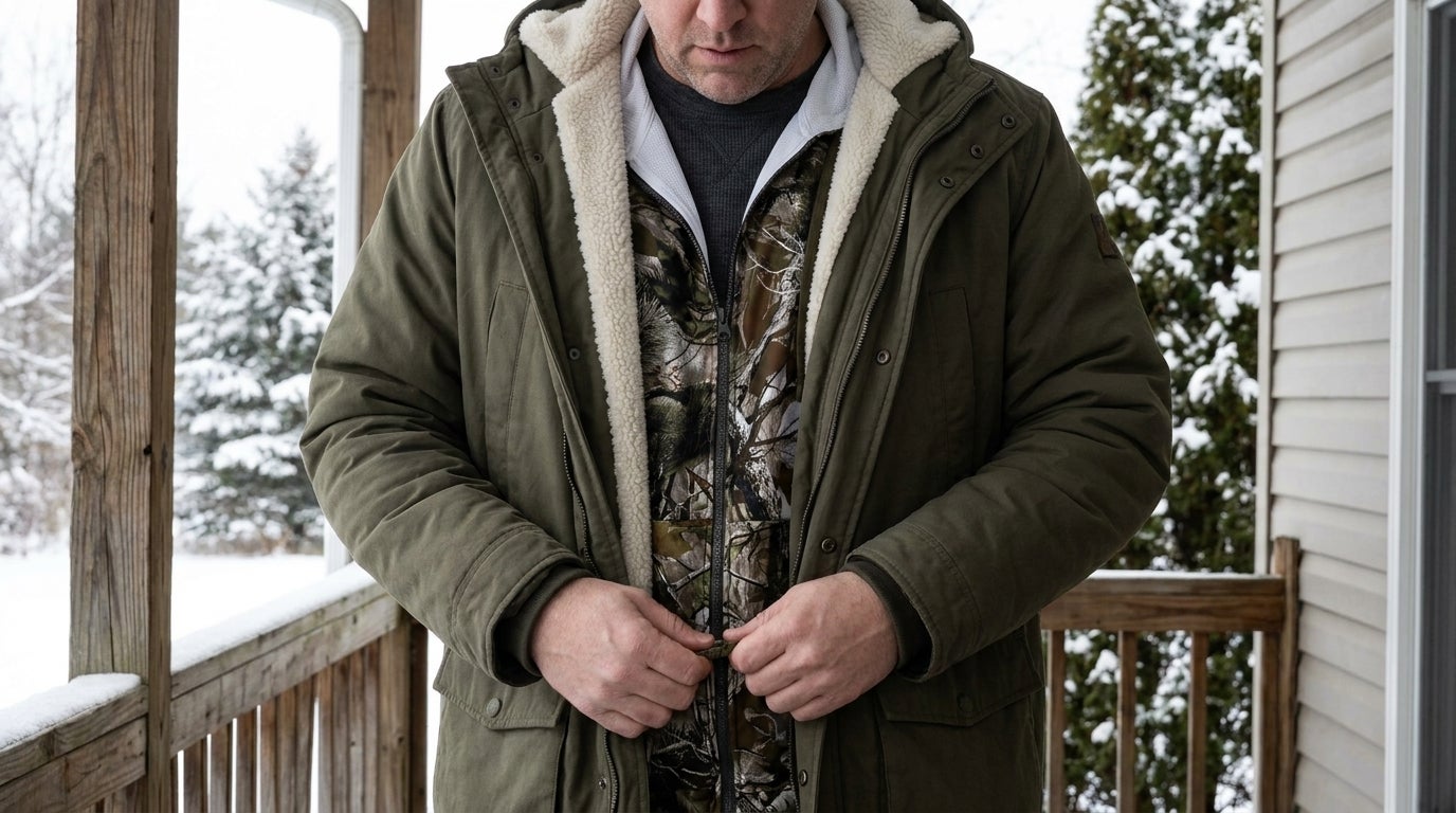 Big and tall man layering a fleece pullover hoodie over a thermal base layer before heading outside in cold weather