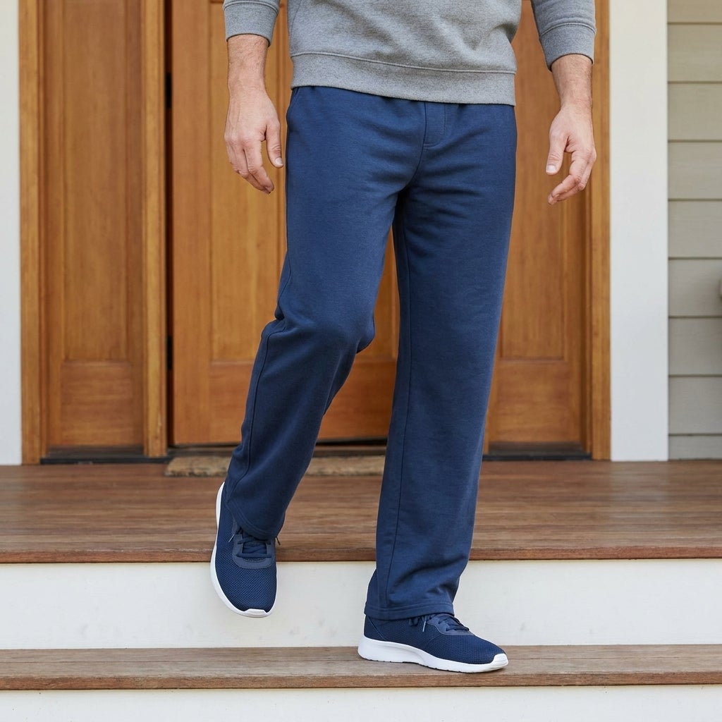 Big and Tall man wearing lightweight jersey open-bottom sweatpants and sneakers heading out the front door