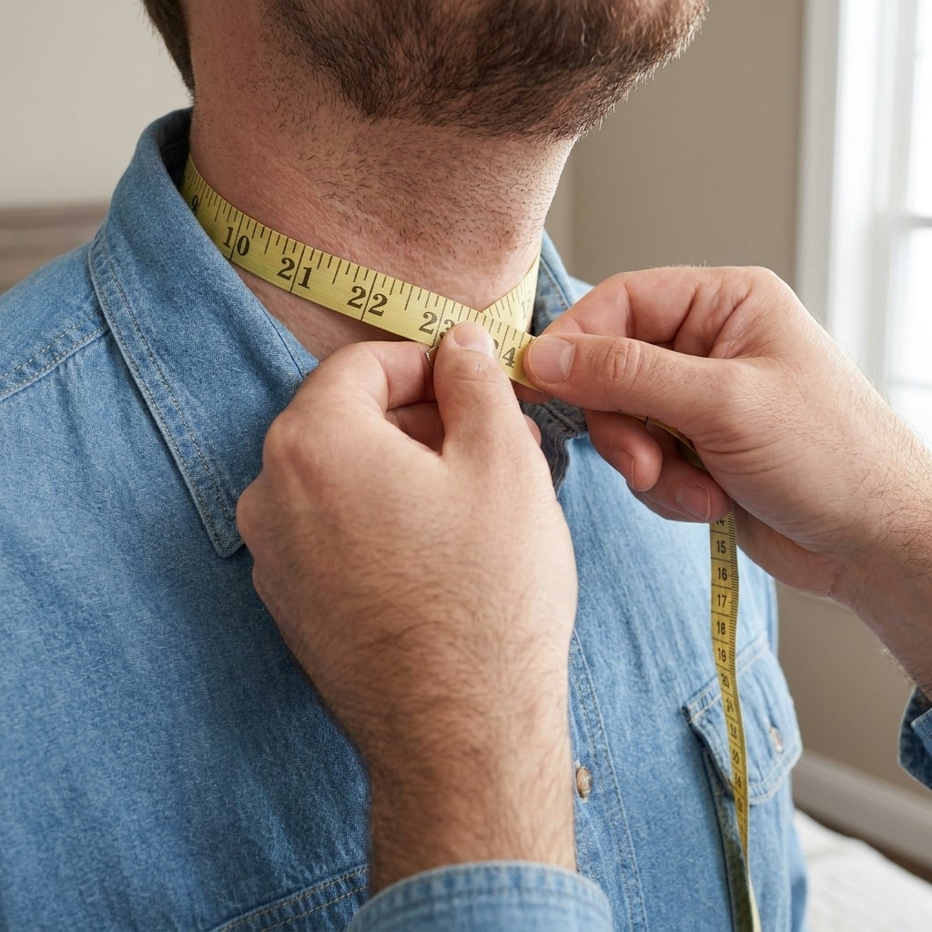 Close-up of a tape measure held at the neckline to check collar size